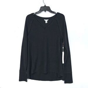 Caslon Women's Cozy V-Neck Ribbed Top Long Sleeve Black Size L Style CN435013MI